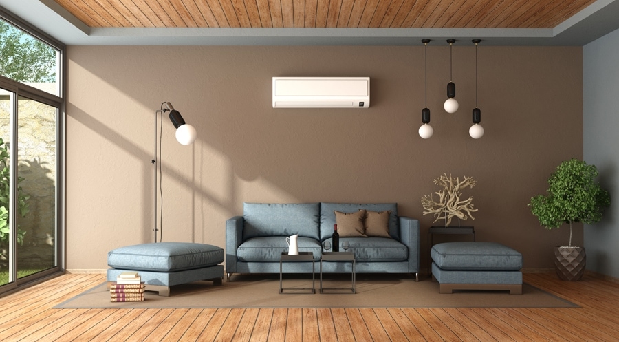 Blue and brown living room with ductless air conditioner