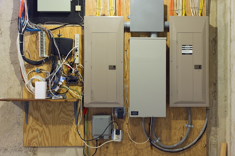 Electrical panels mounted on plywood in residential house. Ben's Heating, AC, & Electrical blog image.
