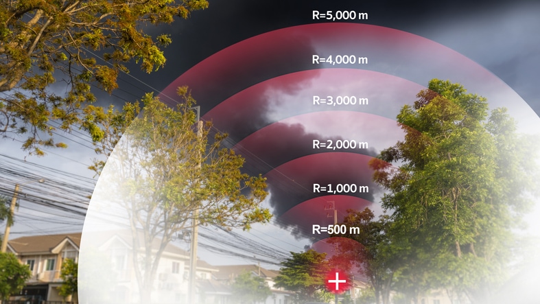 Red radar screen interface showing the distance of the area and a large cloud of toxic smoke in the background. distance of the area inside the radar interface screen.Application concept to stay away from hazardous areas.